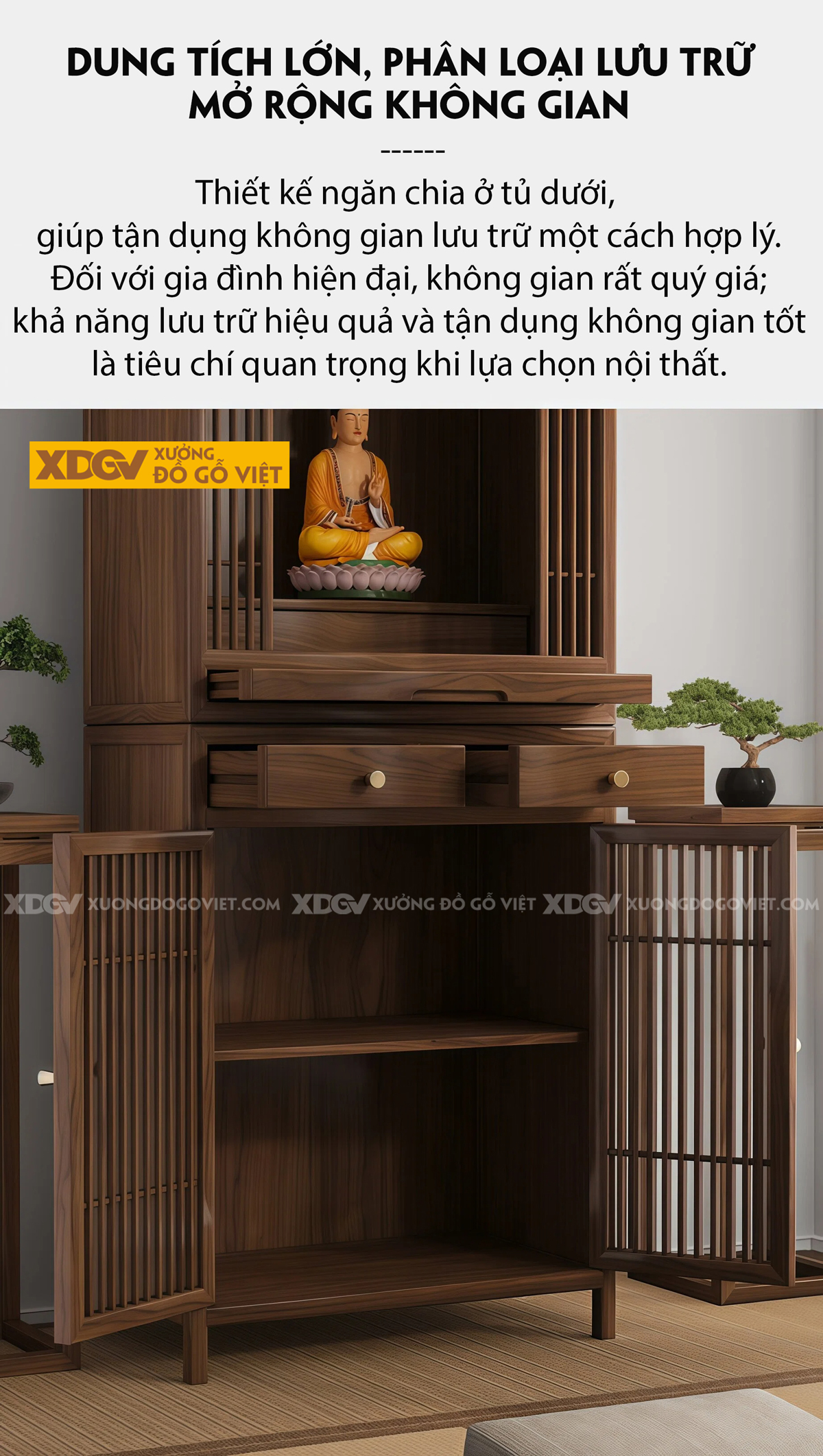 Tủ Thờ Gỗ Óc Chó Dáng Cao Thon Phối Tủ Cánh Nan Khay Kéo