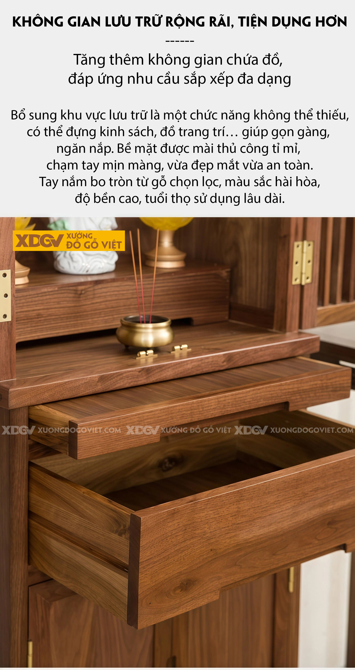 Tủ Thờ Gỗ Óc Chó Tủ Nan Thoáng Khí Kèm Ngăn Kéo Lưu Trữ Lớn