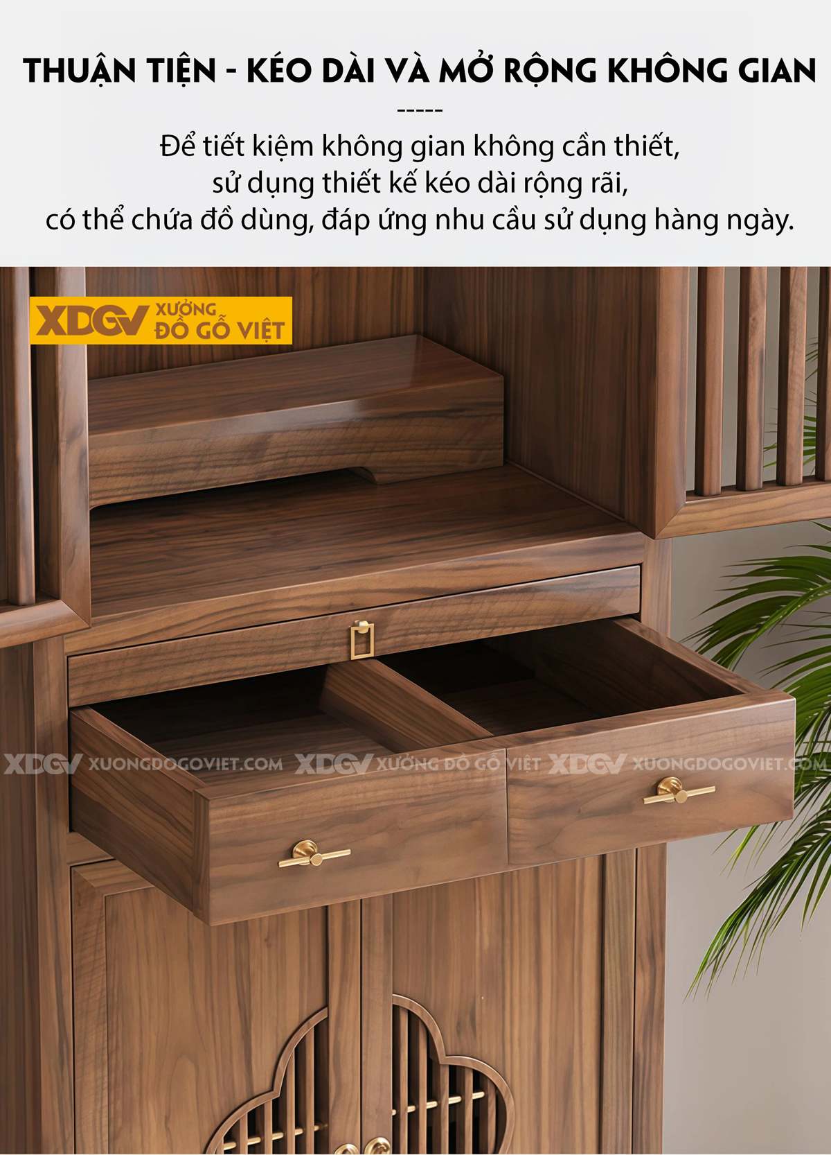 Tủ Thờ Phòng Thờ Gỗ Óc Chó Cánh Nan Chân Cuộn Phối Ngăn Kéo