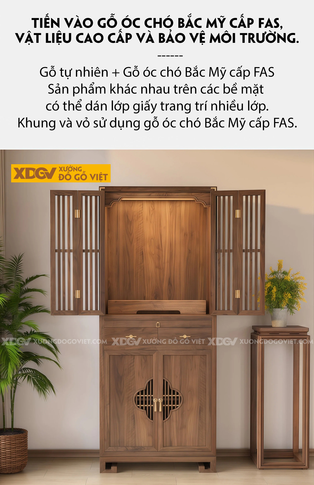 Tủ Thờ Phòng Thờ Gỗ Óc Chó Cánh Nan Chân Cuộn Phối Ngăn Kéo