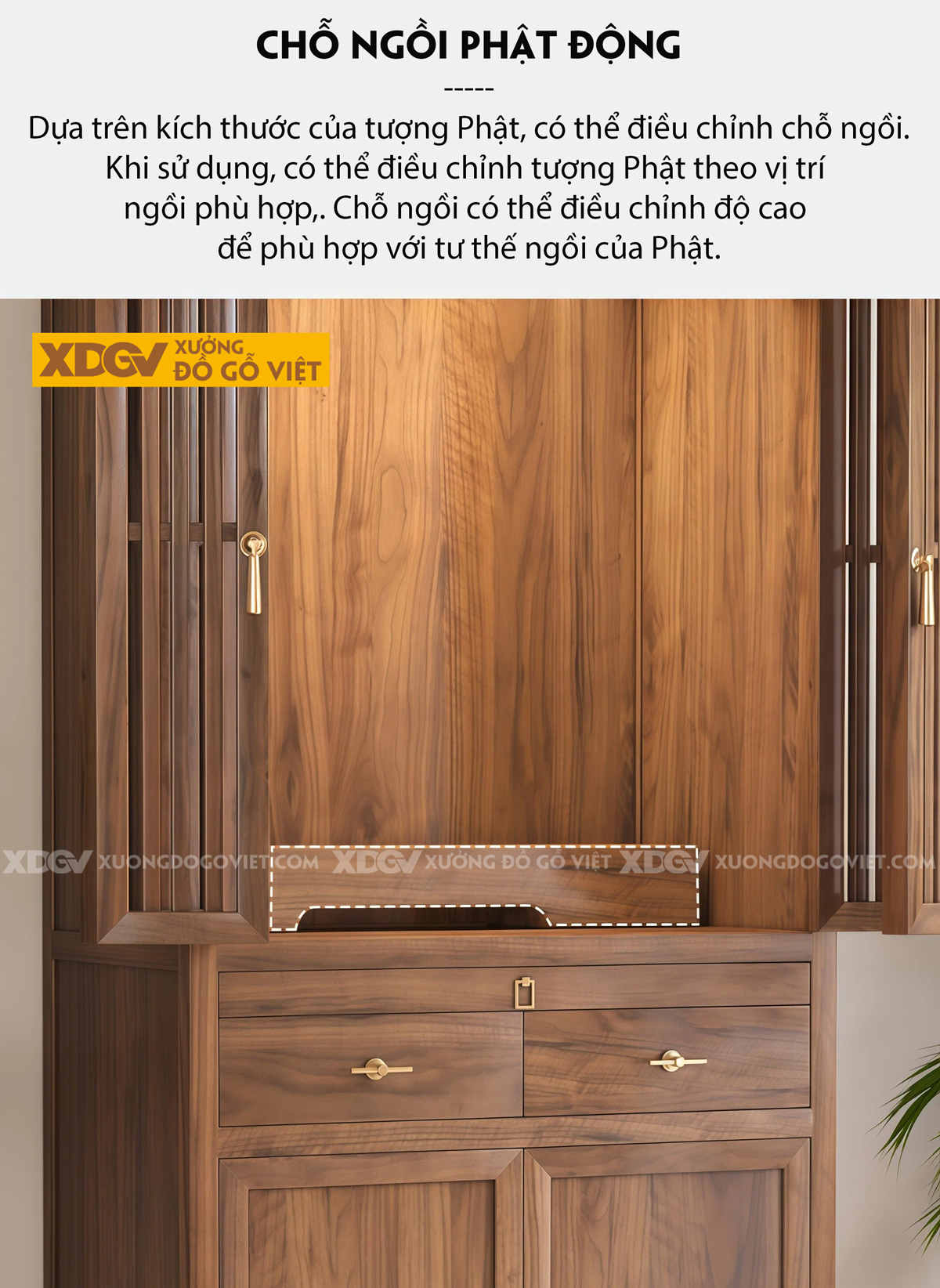 Tủ Thờ Phòng Thờ Gỗ Óc Chó Cánh Nan Chân Cuộn Phối Ngăn Kéo