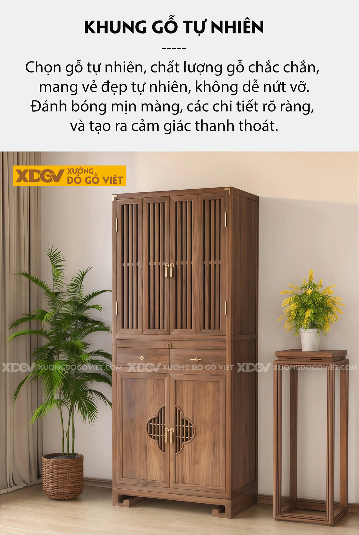 Tủ Thờ Phòng Thờ Gỗ Óc Chó Cánh Nan Chân Cuộn Phối Ngăn Kéo