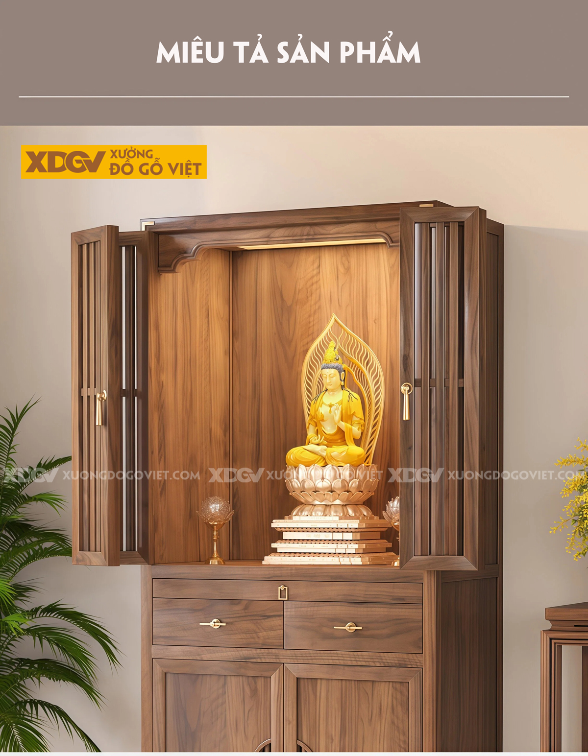 Tủ Thờ Phòng Thờ Gỗ Óc Chó Cánh Nan Chân Cuộn Phối Ngăn Kéo