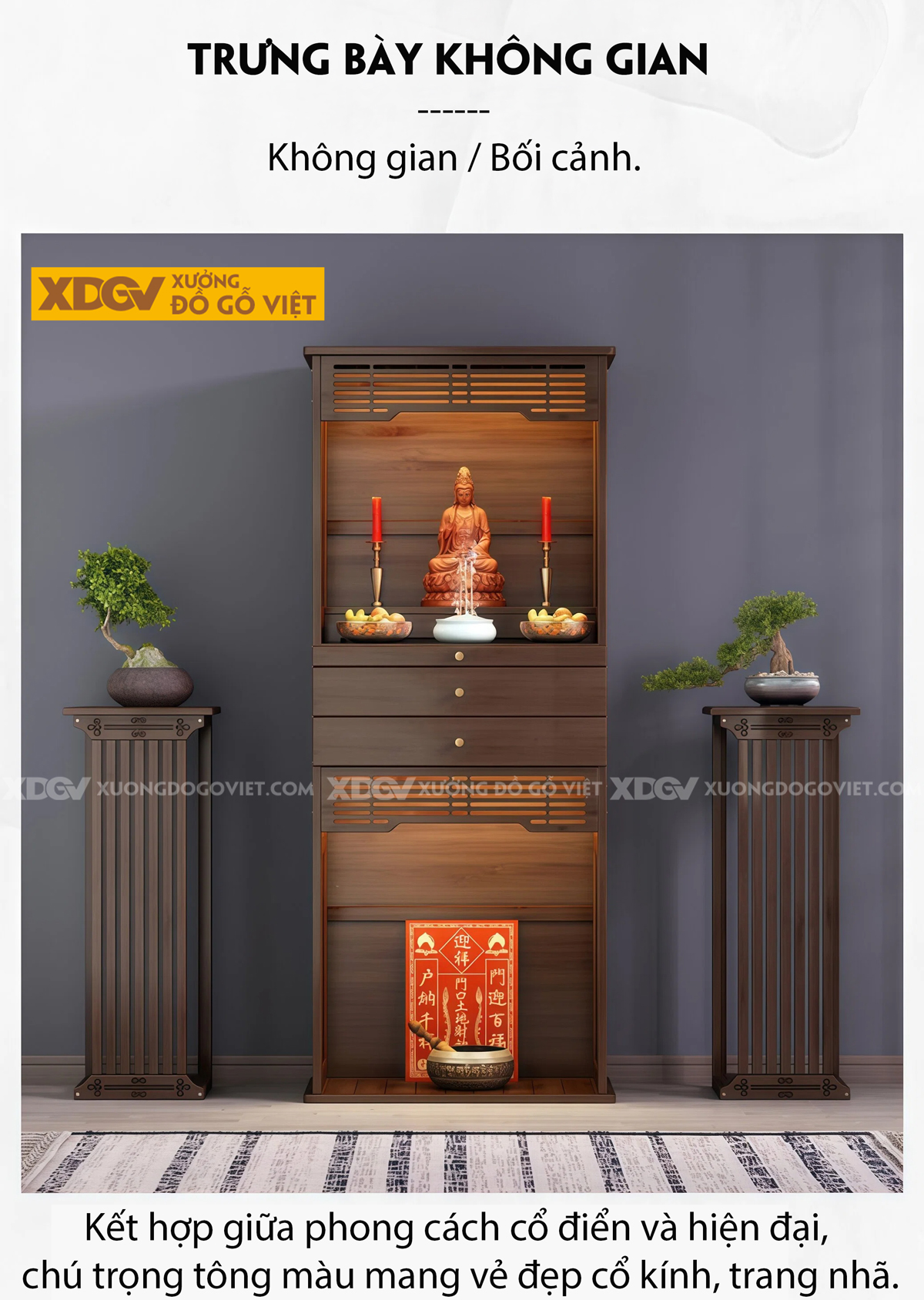 Tủ Thờ Trang Nghiêm Gỗ Óc Chó Cao Cấp Phối 2 Cánh Nan Dọc