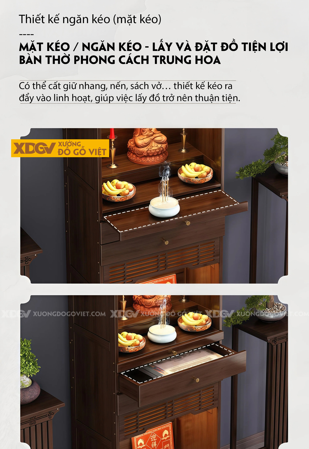 Tủ Thờ Trang Nghiêm Gỗ Óc Chó Cao Cấp Phối 2 Cánh Nan Dọc