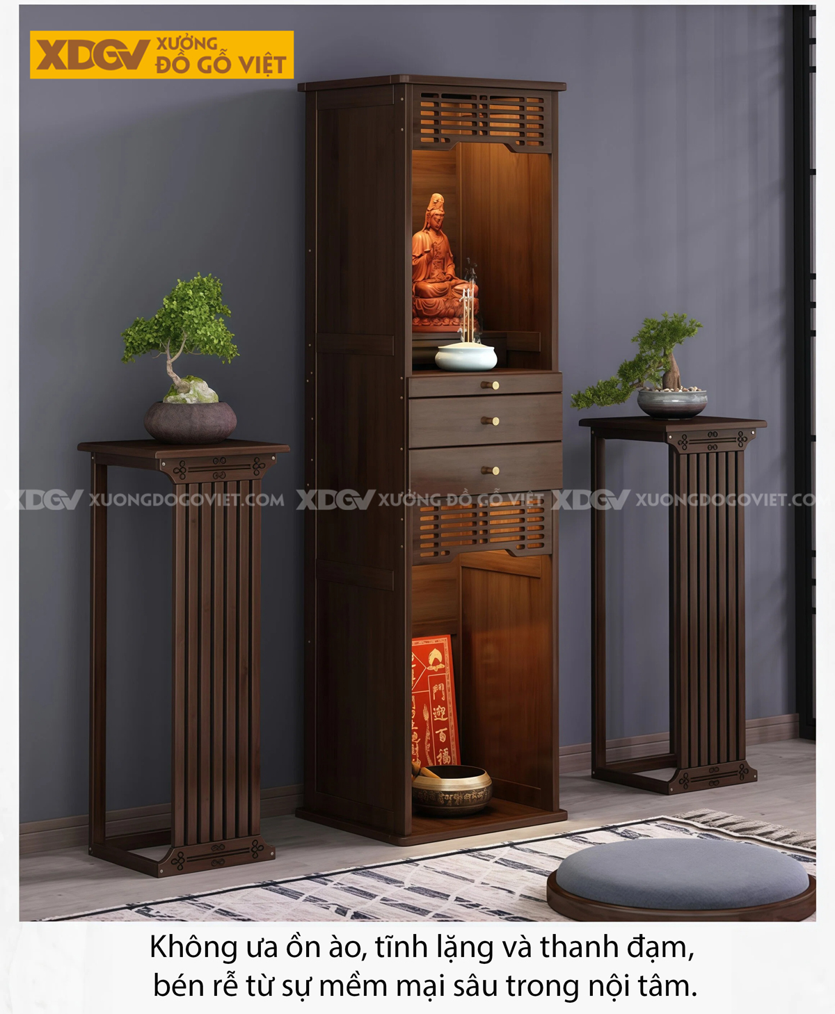 Tủ Thờ Trang Nghiêm Gỗ Óc Chó Cao Cấp Phối 2 Cánh Nan Dọc