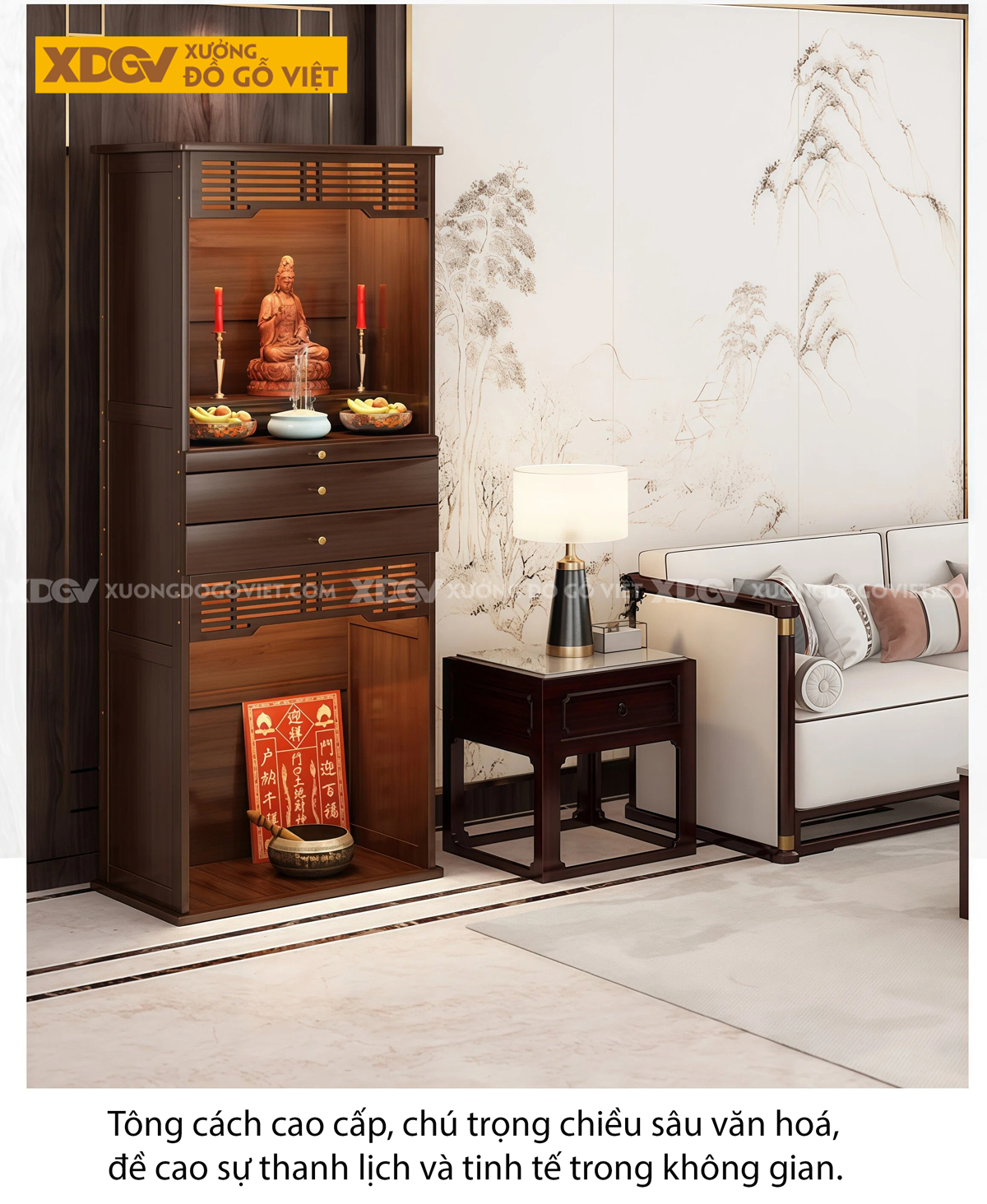 Tủ Thờ Trang Nghiêm Gỗ Óc Chó Cao Cấp Phối 2 Cánh Nan Dọc