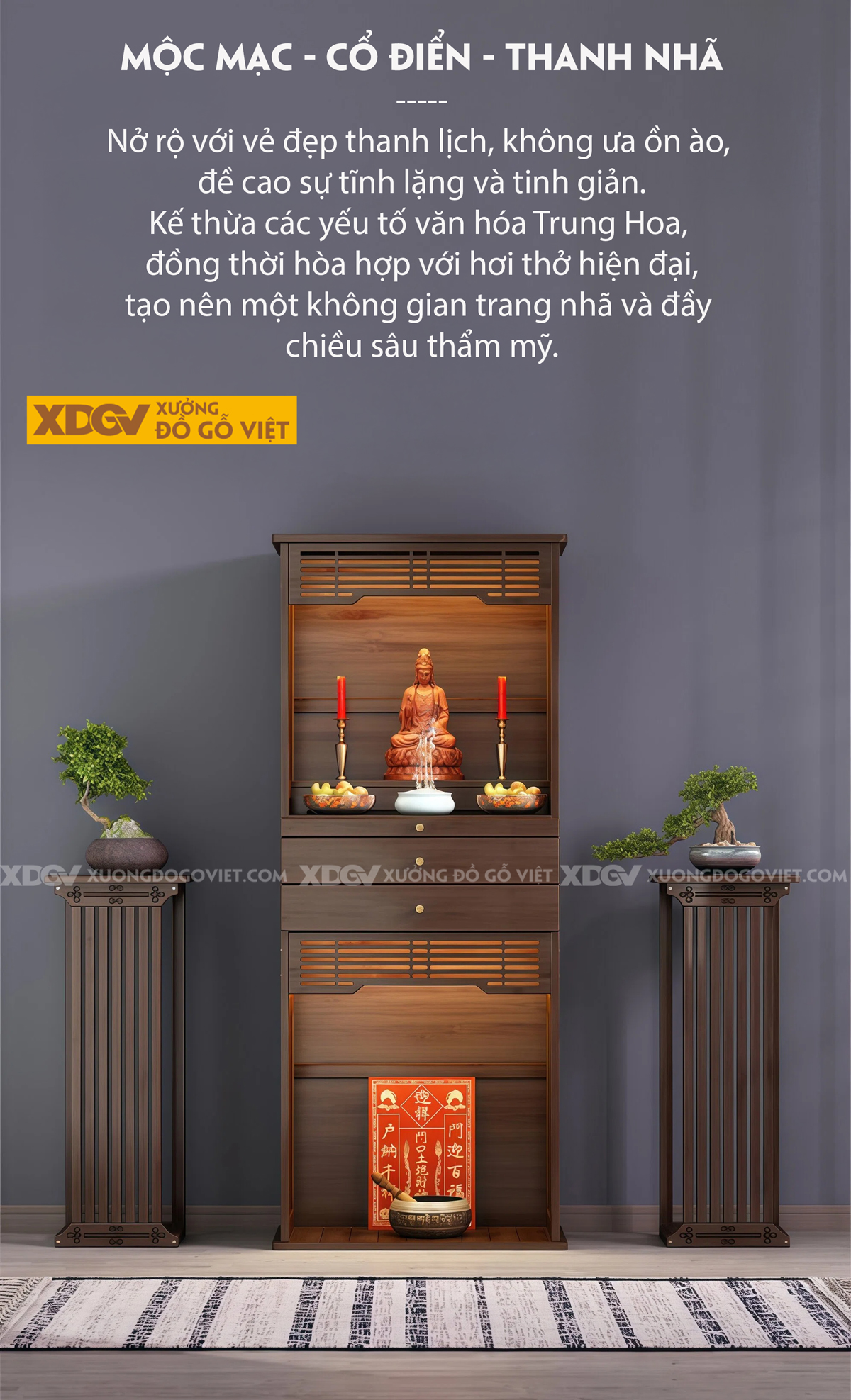 Tủ Thờ Trang Nghiêm Gỗ Óc Chó Cao Cấp Phối 2 Cánh Nan Dọc