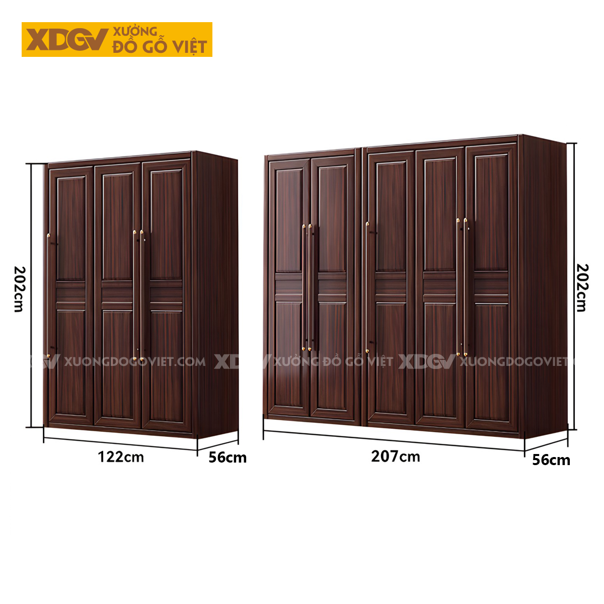 Tủ Treo Áo Gỗ Lim Cánh Pano Tay Nắm Dài Đầu Bọc Kim Loại