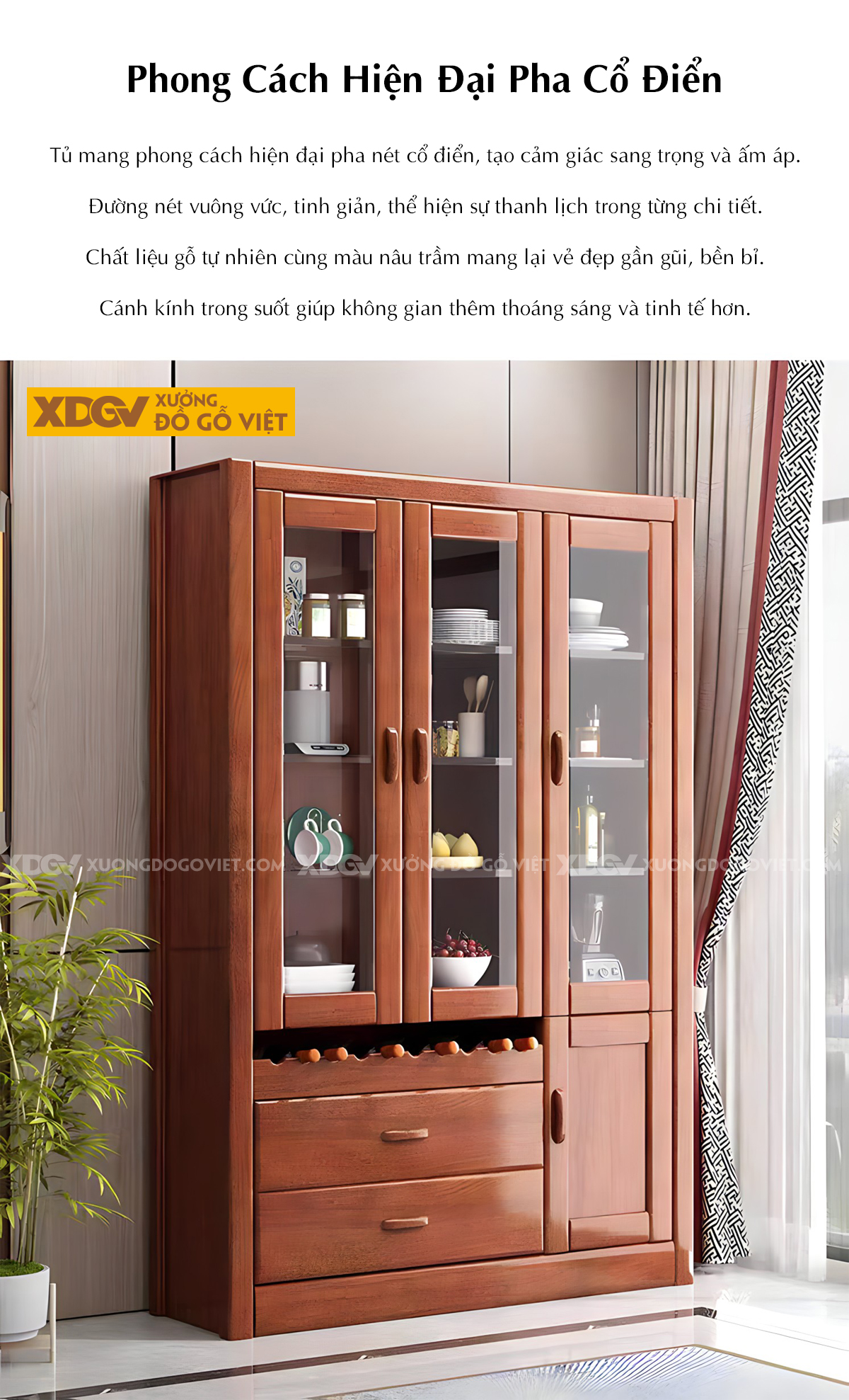 Tủ Trưng Bày Rượu Phòng Khách Gỗ Cao Su Hiện Đại 3 Cánh Kính