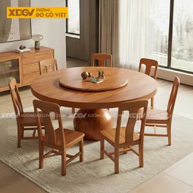 Bàn Ăn Gõ Đỏ Mâm Xoay Chân Bệ Tròn Sang Trọng Độc Đáo