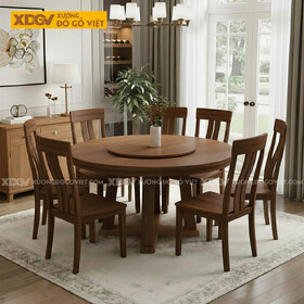 Bàn Ăn Gỗ Sồi Mâm Xoay Lazy Susan Chân Đế Chữ X Độc Đáo