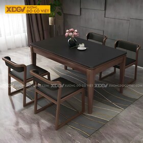 Bàn Ăn Gỗ Sồi Màu Óc Chó Mặt Đá Đen Ghế Chân Khung Hiện Đại