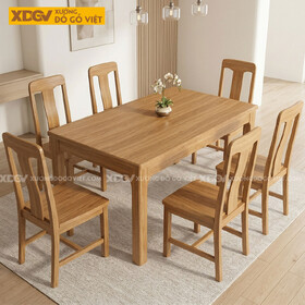 Bàn Ăn Gỗ Sồi Vát Cạnh Chân Trụ Vuông 6 Ghế Hiện Đại