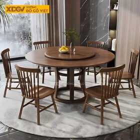 Bàn Ăn Tròn Gỗ Óc Chó Á Đông Hiện Đại 6 Ghế Có Mâm Xoay