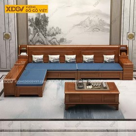 Sofa Góc L Gỗ Căm Xe 1 Văng Dài Lớn Tựa Tay Có Hộc