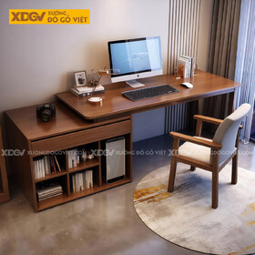 Bàn Làm Việc Gỗ Sồi Màu Óc Chó Kiểu Chữ L Cách Điệu Hiện Đại