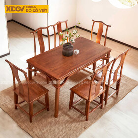 Bộ Bàn Ăn 6 Ghế Gỗ Gõ Đỏ Á Đông Hệ Quây Chân Bàn Thắt Eo