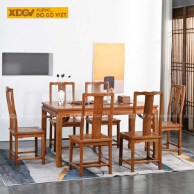 Bộ Bàn Ăn 6 Ghế Gỗ Gõ Đỏ Á Đông Tối Giản Chân Móng Ngựa