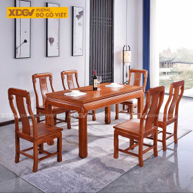 Bộ Bàn Ăn 6 Ghế Gỗ Gõ Đỏ Nguyên Tấm Chạm Khắc Cổ Điển