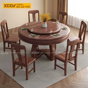 Bộ Bàn Ăn 6 Ghế Gỗ Óc Chó Tân Cổ Điển Chân Trụ Có Mâm Xoay