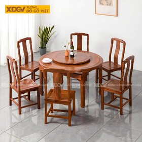 Bộ Bàn Ăn Gỗ Gõ Đỏ 6 Ghế Bàn Tròn Đa Năng Tích Hợp Mâm Xoay