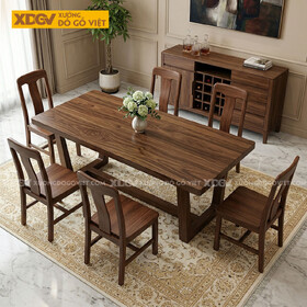 Bộ Bàn Ăn Gỗ Óc Chó 6 Ghế Chân Hình Thang Ngược Vững Chãi