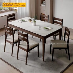 Bộ Bàn Ăn Gỗ Óc Chó Mặt Đá Trắng Hiện Đại Ghế Bọc Nệm