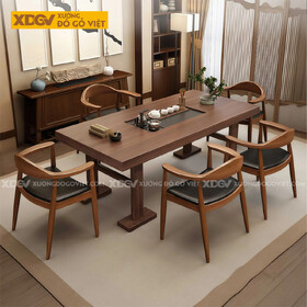 Bộ Bàn Ăn Gỗ Óc Chó Thiết Kế Cách Điệu Chân Chữ I Sang Trọng