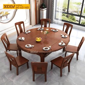 Bộ Bàn Ăn Thông Minh Gỗ Căm Xe Mở Rộng Tròn 4-12 Người