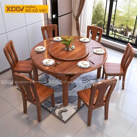 Bộ Bàn Ăn Tròn Gỗ Gõ Đỏ Thông Minh Đổi Kiểu Có Mâm Xoay