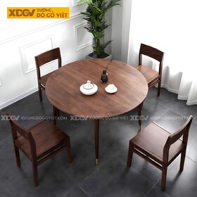 Bộ Bàn Ăn Tròn Gỗ Óc Chó Bắc Âu Tối Giản Chân Bọc Kim Loại