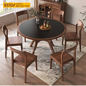 Bộ Bàn Ăn Tròn Gỗ Óc Chó Hiện Đại Điêu Khắc Mặt Đá Nung Đen