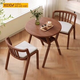 Bộ Bàn Ăn Tròn Gỗ Sồi Hiện Đại Thư Giãn Chân X Ghế Đệm Vải