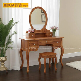 Bộ Bàn Trang Điểm Phòng Ngủ Gỗ Gõ Đỏ 2 Tầng Phối Gương Oval
