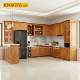 Bộ Tủ Bếp Gỗ Gõ Đỏ Hiện Đại Chữ U Phối Kính Ốp Đá Sang Trọng