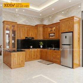 Bộ Tủ Bếp Gỗ Gõ Đỏ Kèm Quầy Bar Tích Hợp Phụ Kiện Thông Minh