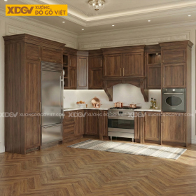 Bộ Tủ Bếp Gỗ Óc Chó Tự Nhiên Đẹp Góc L Tân Cổ Điển Kết Hợp