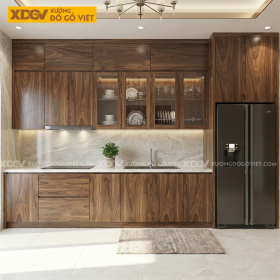 Bộ Tủ Bếp Veneer Óc Chó Tay Nắm Âm Kết Hợp Tủ Kính Đẹp