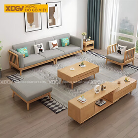 Ghế Sofa Gỗ Cao Su Tay Vịn Cao Bo Tròn Khung Nan Lót Nệm