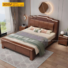 Giường Gỗ Lim Tân Cổ Điển Đầu Uốn Lượn Khung Pano Sọc Dọc