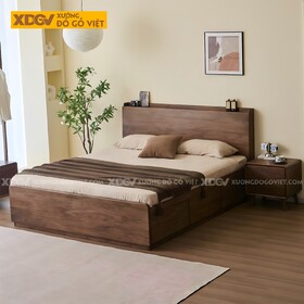 Giường Gỗ Óc Chó Dạng Hộp Có Ngăn Kéo & Kệ Trên Đầu Giường