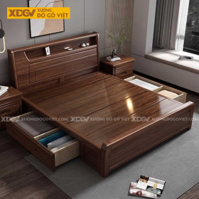 Giường Gỗ Sồi Mỹ Hiện Đại Có Ngăn Hông và Ngăn Dưới Vạt