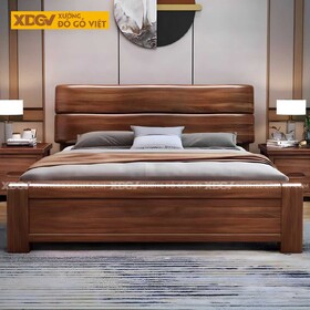 Giường Ngủ Căm Xe Hiện Đại Đầu 2 Tấm Gỗ Nguyên Khối Bo Tròn