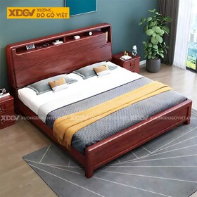 Giường Ngủ Gỗ Căm Xe Bo Góc Đầu Kẻ Chỉ Phân Tầng Tích Hợp Kệ
