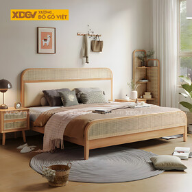 Giường Ngủ Gỗ Cao Su Đan Mây Bo Góc Đầu Bọc Nệm Thanh Lịch