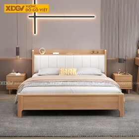 Giường Ngủ Gỗ Cao Su Đầu Bọc Nệm Trắng Sọc Dọc Có Kệ Trên