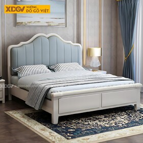 Giường Ngủ Gỗ Cao Su Tân Cổ Điển Đầu Uốn Lượn Bọc Nệm Xanh