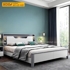 Giường Ngủ Gỗ Cao Su Trắng Xanh Đầu Đa Năng Nhiều Hộc Kệ