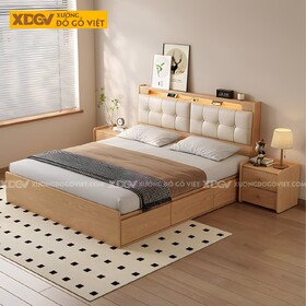 Giường Ngủ Gỗ Sồi Mỹ Vai Ngăn Kéo Đầu Bọc Nệm Tích Hợp Kệ
